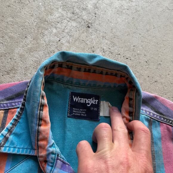 Vintage 90's Wrangler Striped Brushpopper Western Blue Pearl Snap Shirt Sz XL - Picture 4 of 6